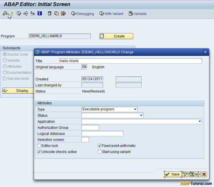 ABAP Hello World Program - Program Attributes