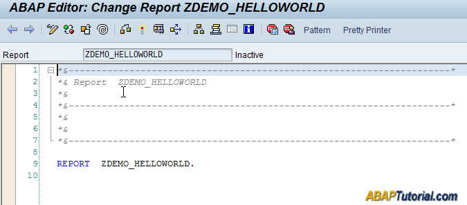 ABAP Hello World Program - Code Editor